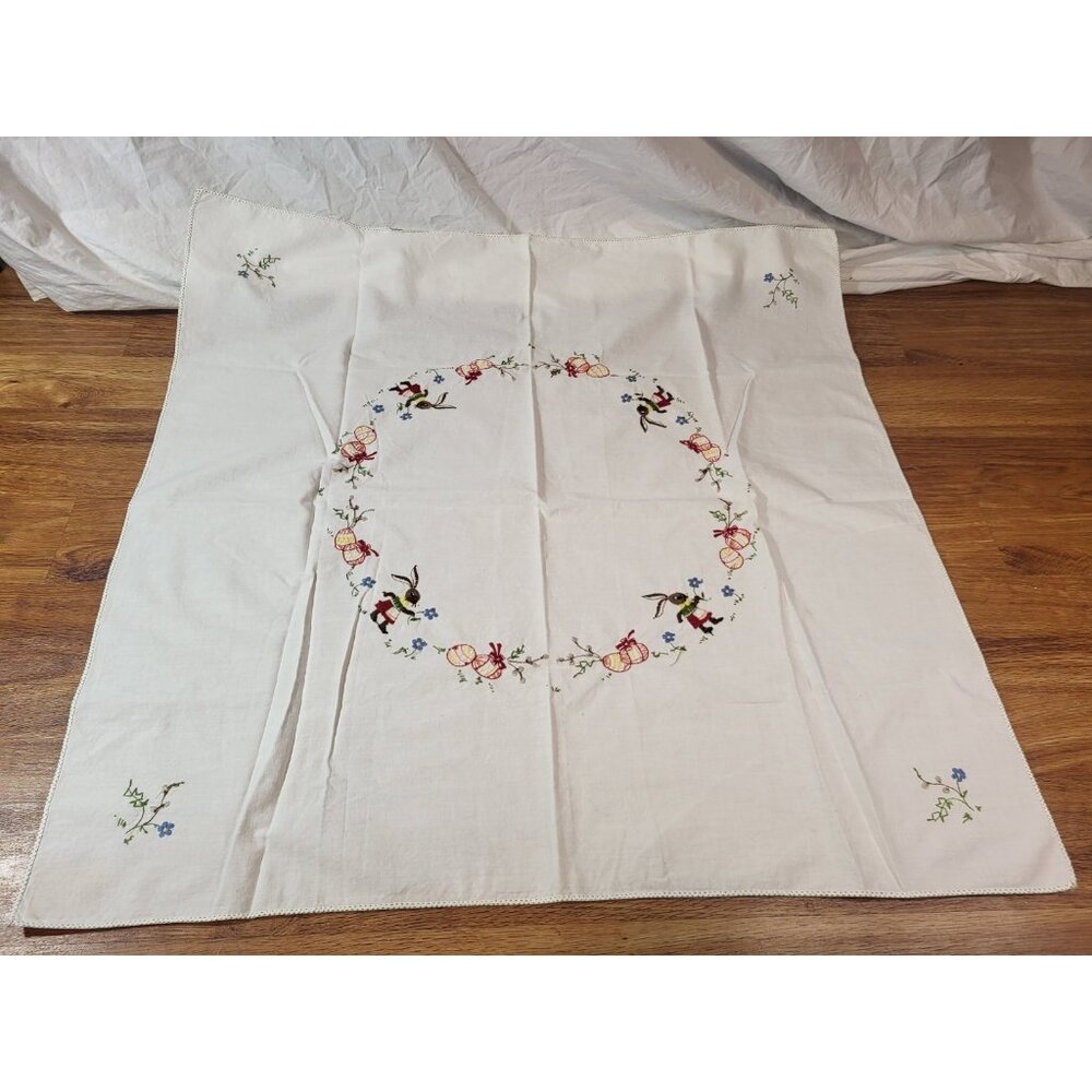 Vintage Embroidered Bunny Easter Egg Blue Flower White Tablecloth